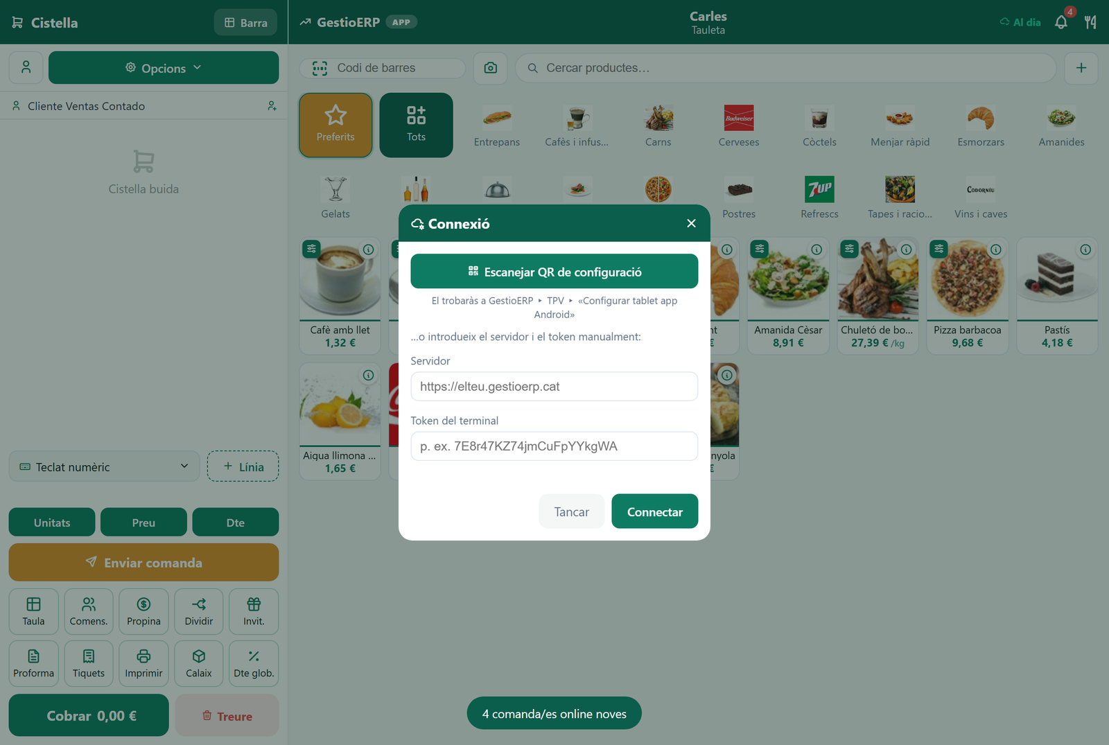 Pantalla de conexión: escanear el QR de configuración o introducir servidor y token