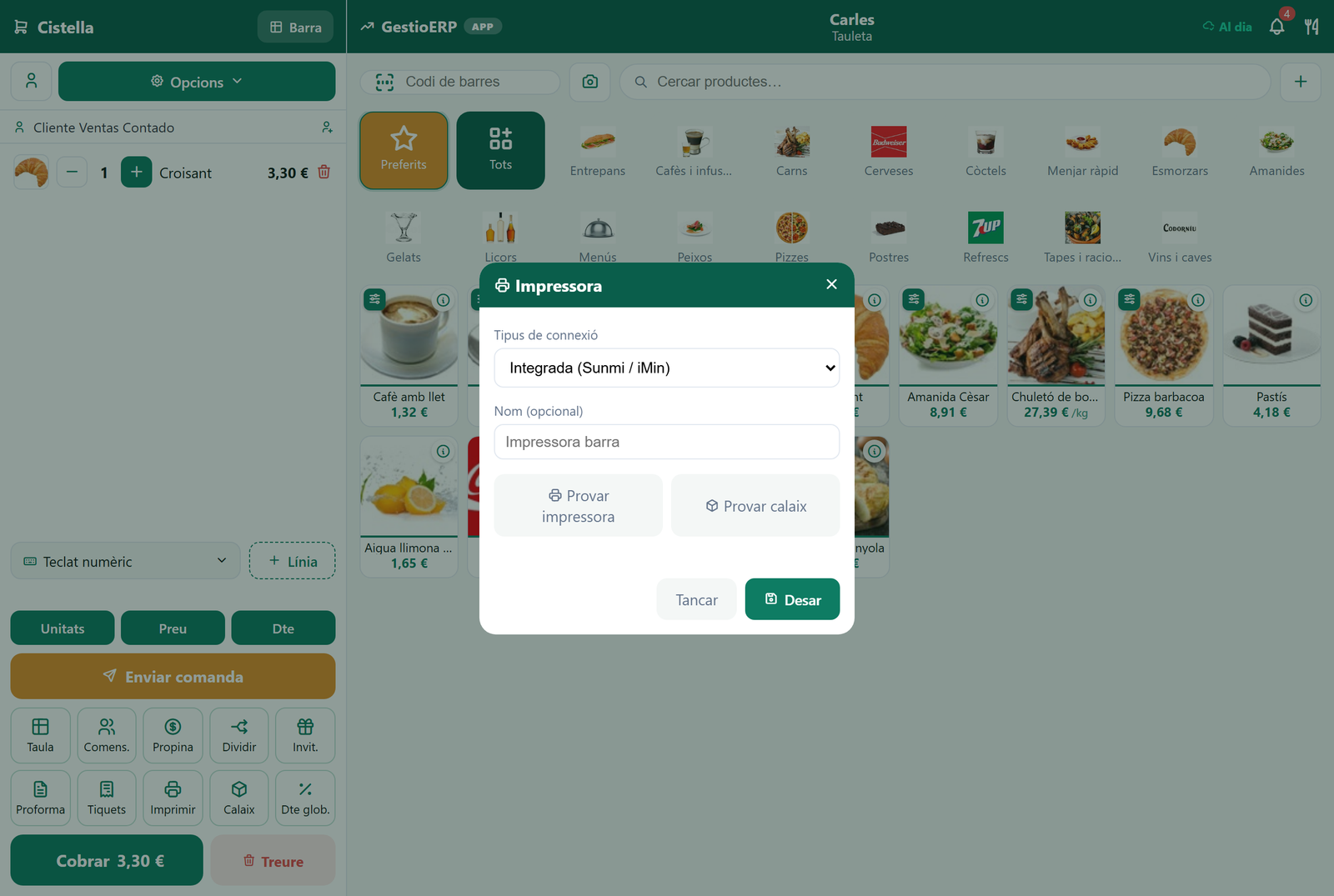 Configuración de impresora: tipo de conexión y botones de prueba