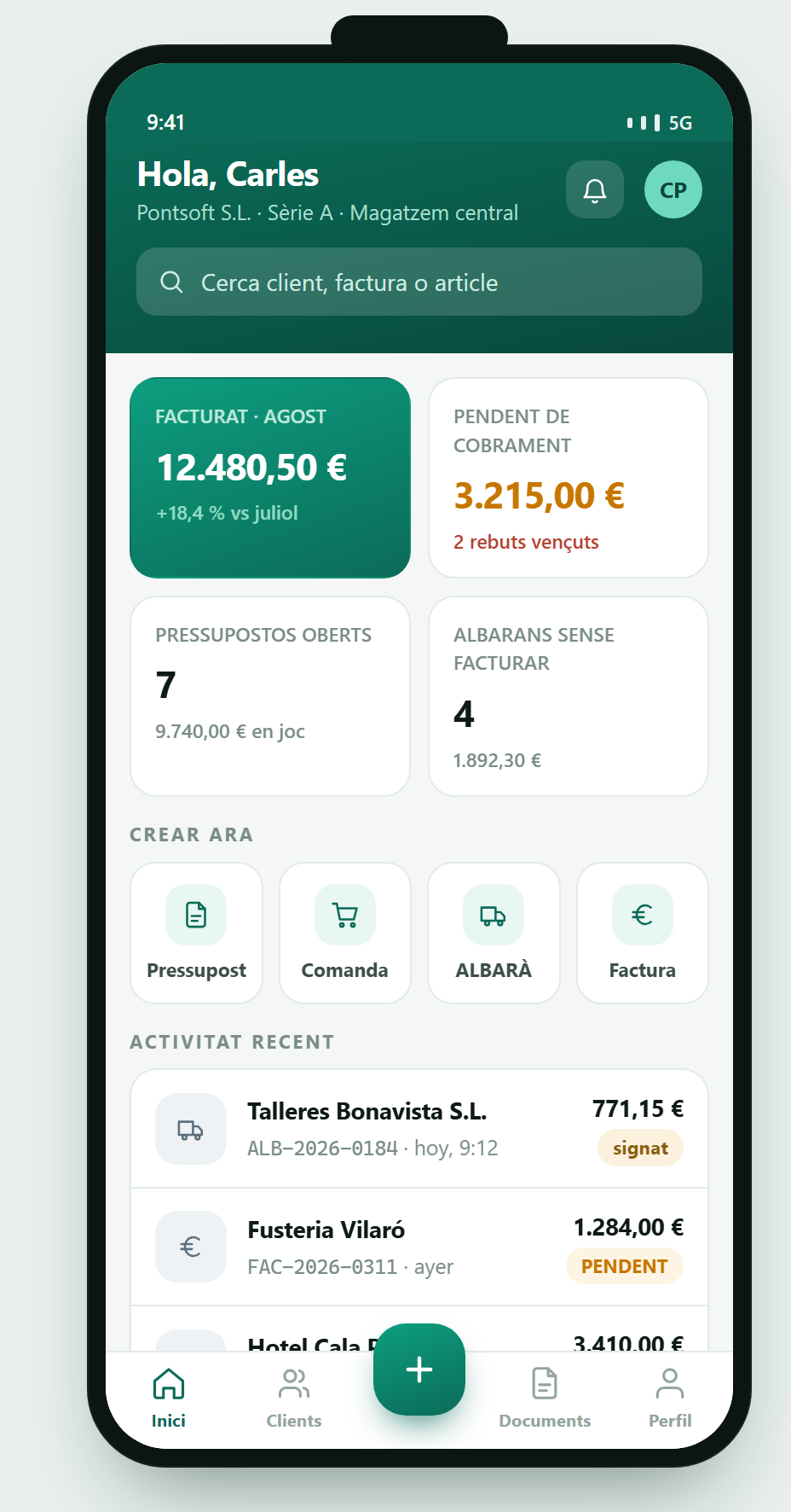 Pantalla d’inici de l’app