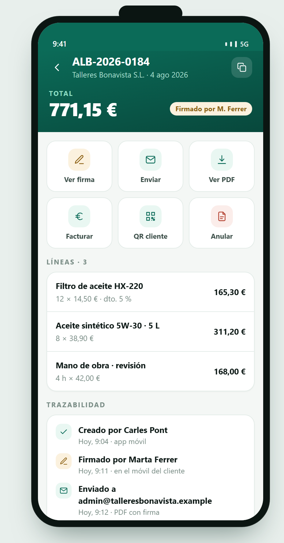 Detalle del albarán firmado