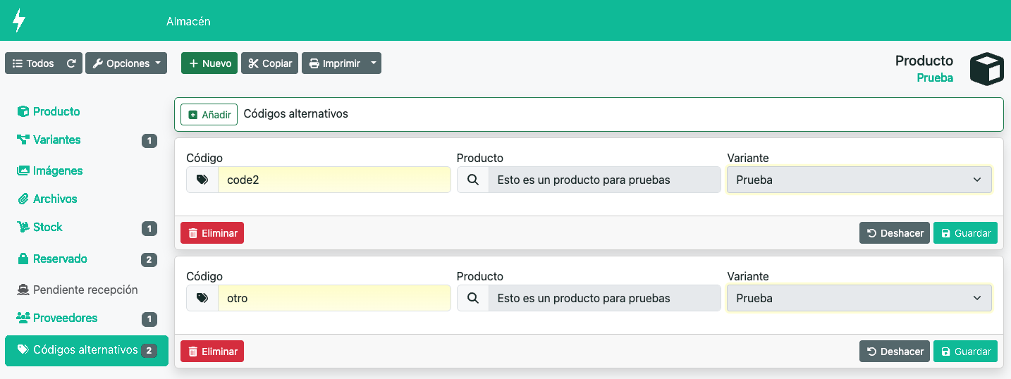 Mantener los códigos alternativos