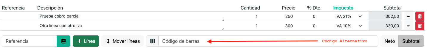 Introducir líneas mediante códigos alternativos