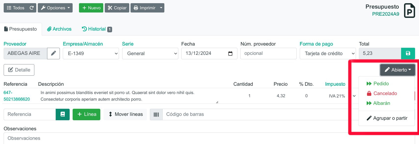 Com registrar un pressupost de compra