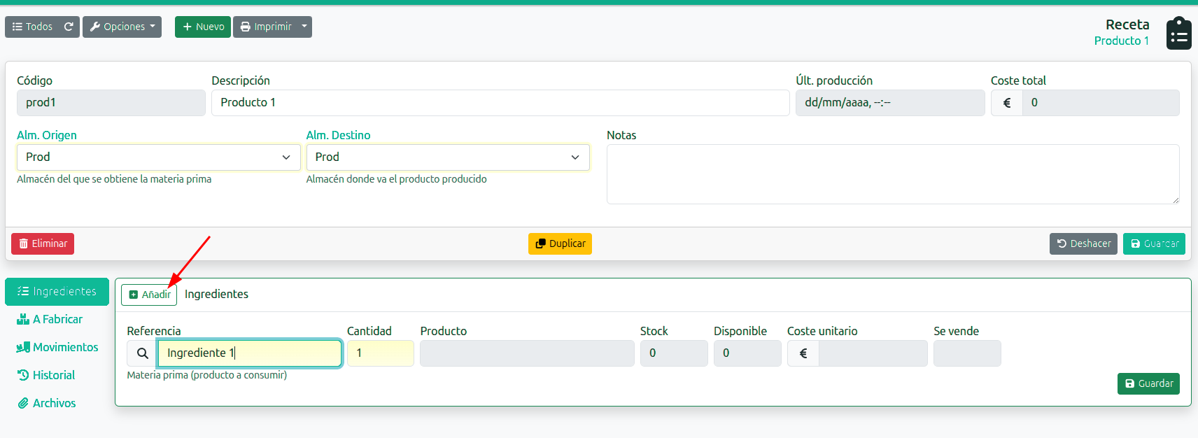 Crear una recepta (escandall)