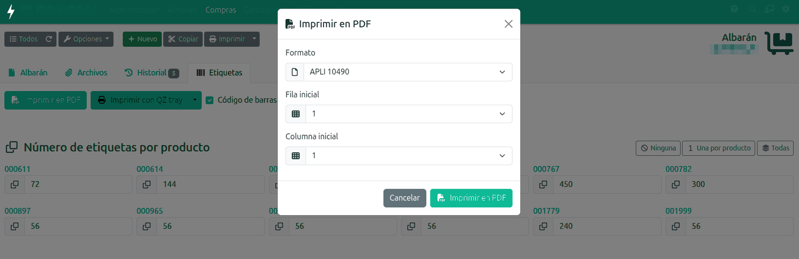 Formatos de etiquetas disponibles
