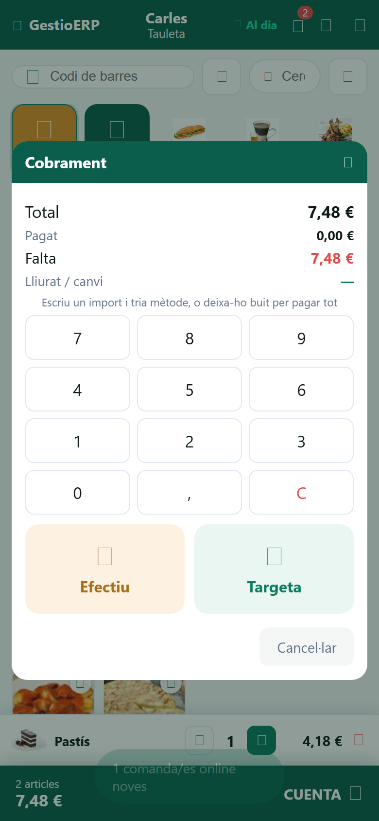 Cobro en la comandera del TPV de GestioERP: Efectivo y Tarjeta