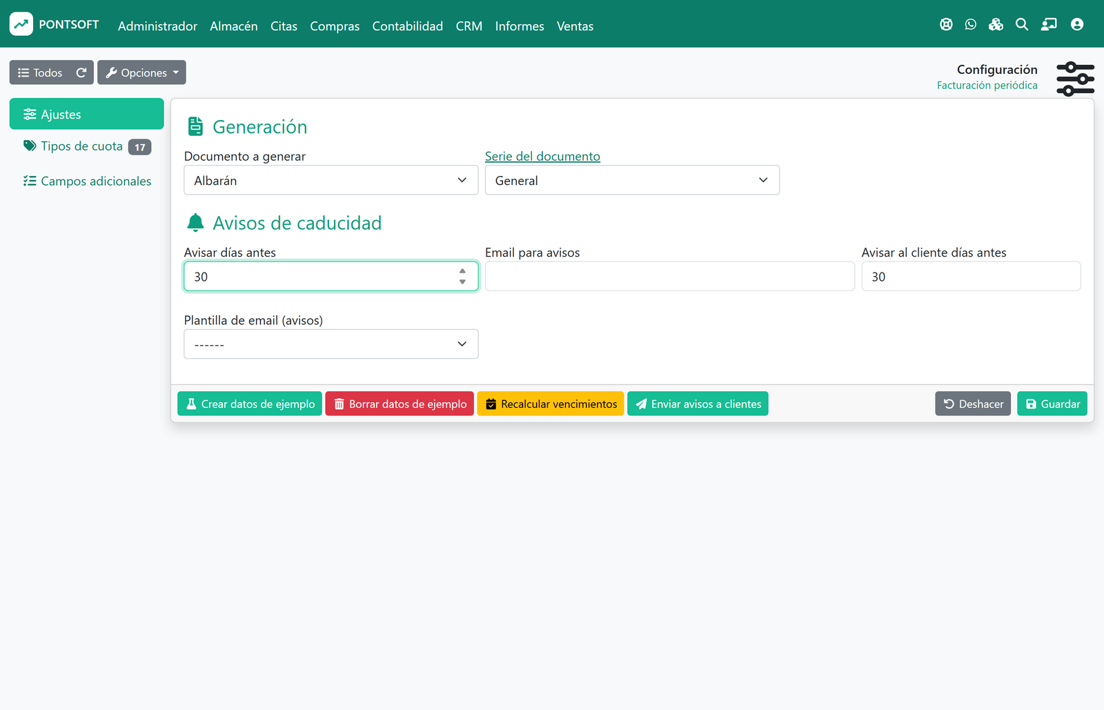 Configuración de la facturación periódica: documento a generar, serie y campos adicionales