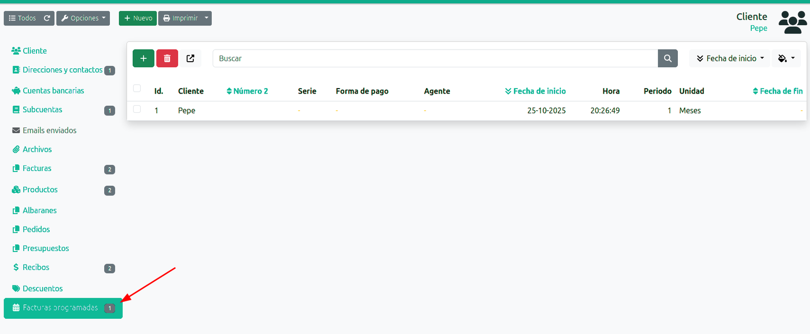 Llista de factures programades