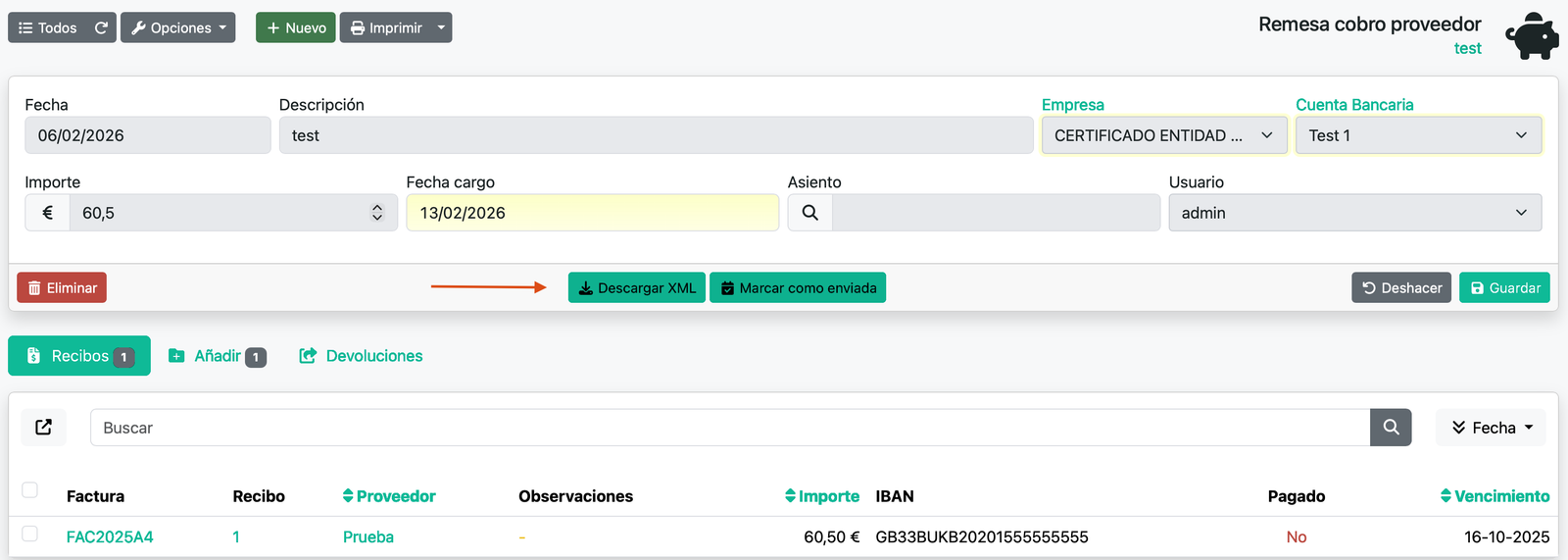 Remesa SEPA de pagament (proveïdors)