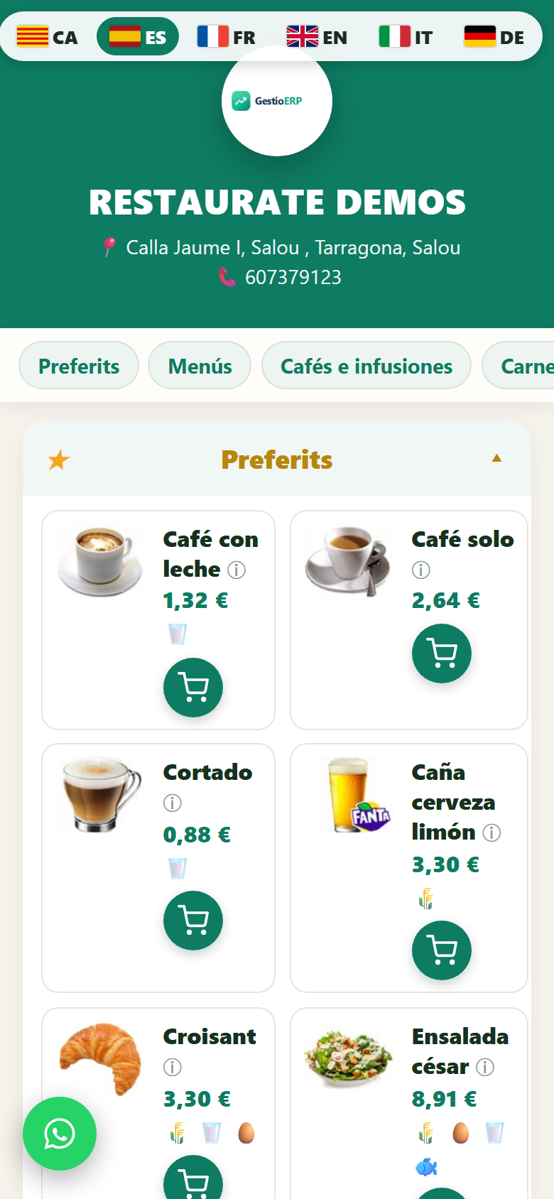 Carta digital (QR) del TPV de GestioERP vista desde el móvil