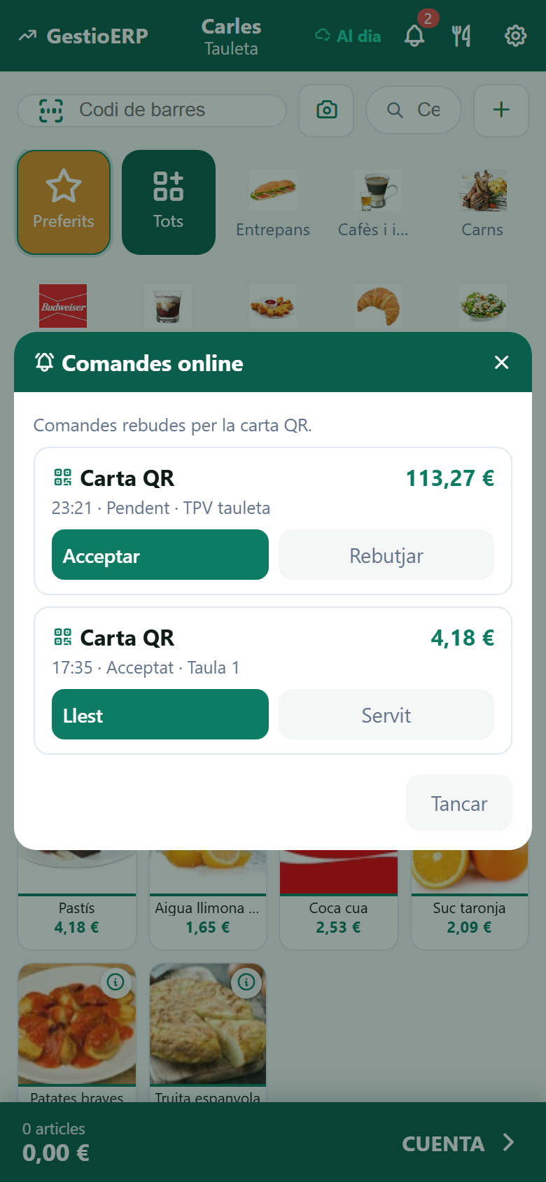 Comandas online recibidas en el TPV de GestioERP desde la carta QR