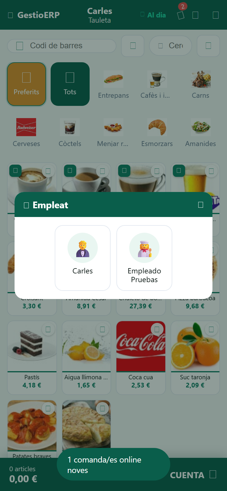 Pantalla de acceso del TPV de GestioERP: selección de empleado