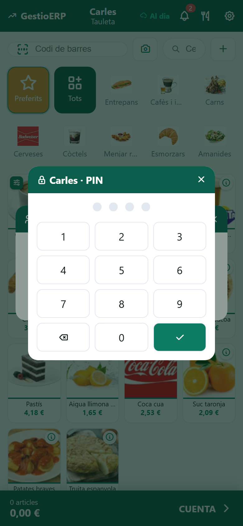 Pantalla de acceso del TPV de GestioERP: PIN del empleado