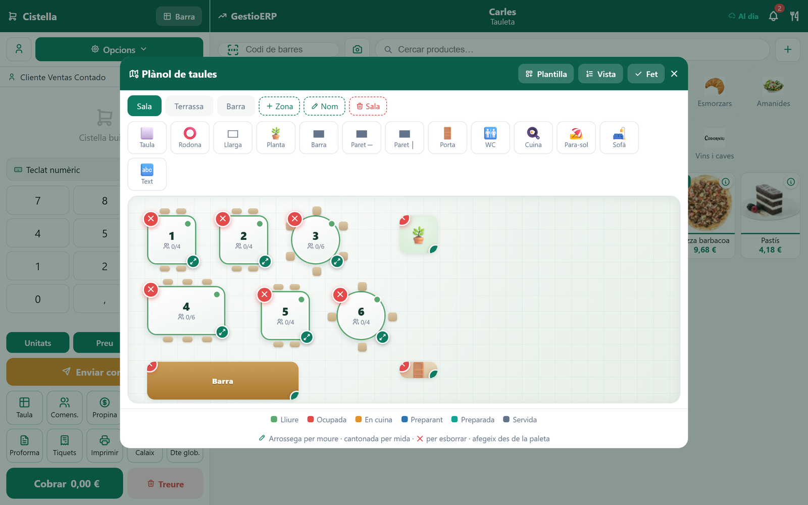 Editor del plano de mesas del TPV de GestioERP con la paleta para decorar el local