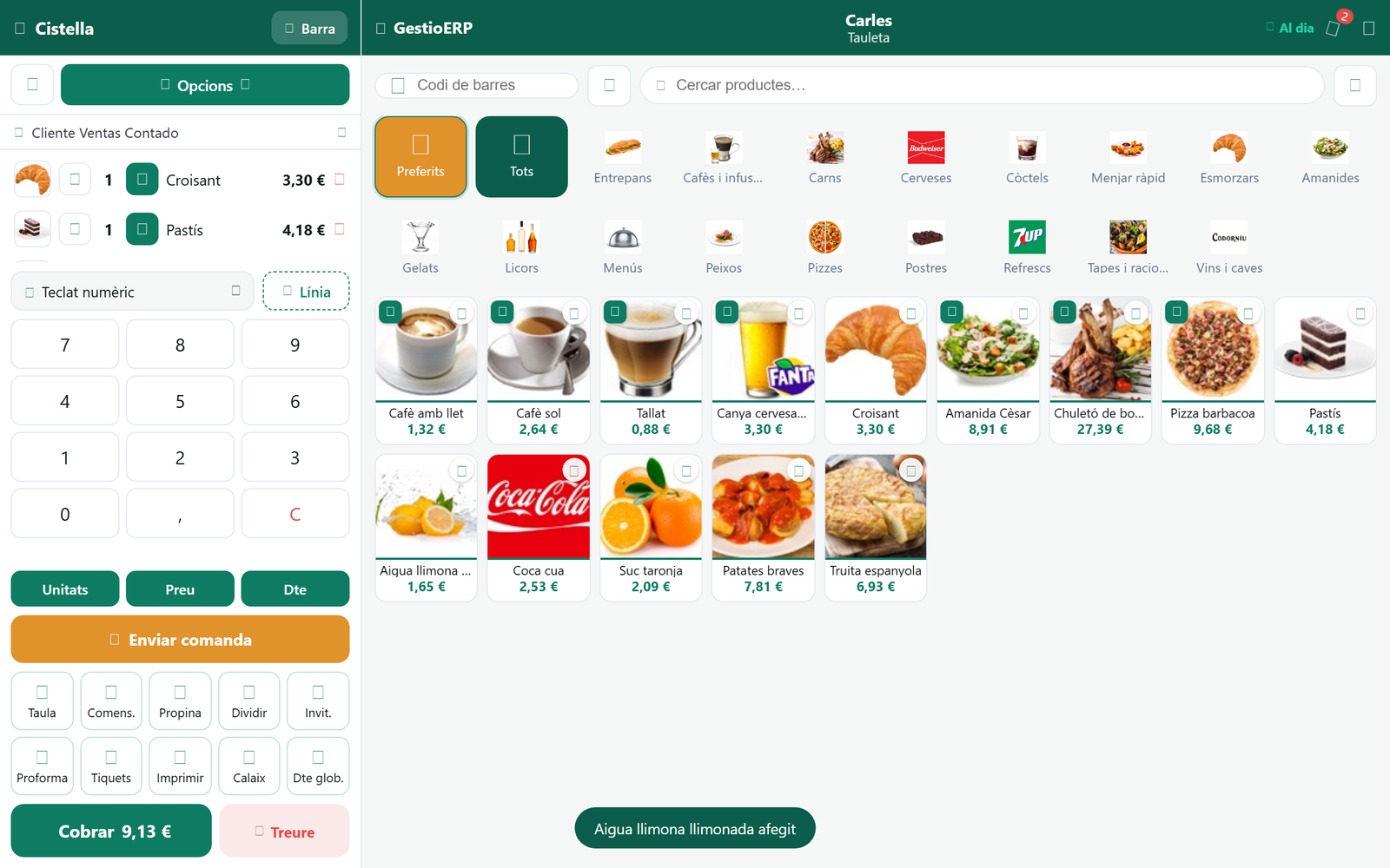TPV de GestioERP para comercio: cesta, rejilla de productos y botones de acción