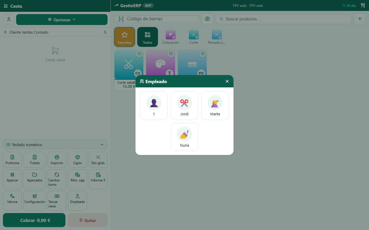 Selector de empleado al abrir el TPV, con el avatar de cada uno