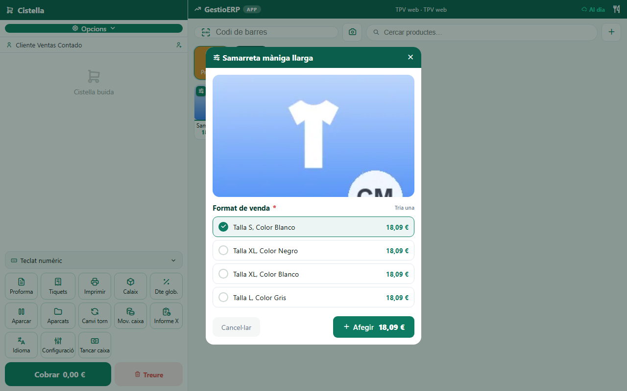 Selector de variants: talla i color amb el preu de cada combinació