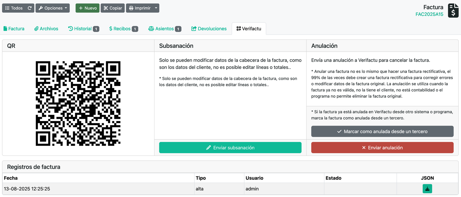 Enviar una factura a Verifactu
