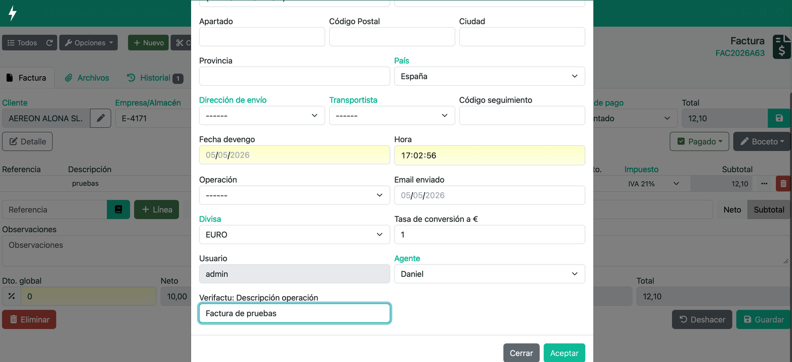 Enviar una factura a Verifactu